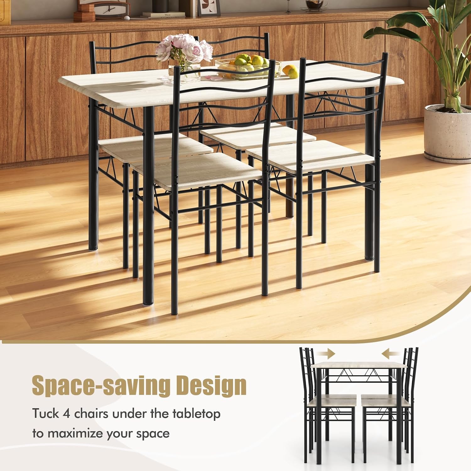 Giantex Modern 5 Piece Dining Table Set for 4 Chairs Wood Metal Kitchen Breakfast Furniture (Beech Wood)