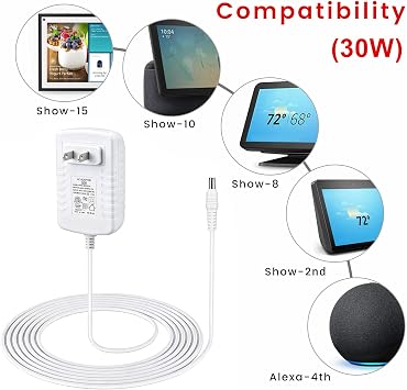 30W Power Cord Adapter for Echo Show 8 3rd, Show 10, 15, 21 & Echo 3rd, 4th