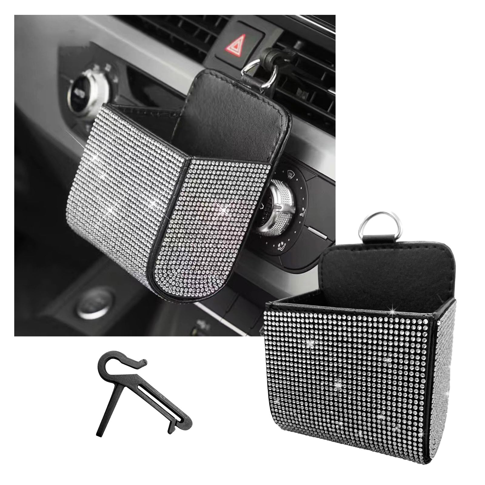 Dickno Car Air Vent Storage Organizer, Rhinestones Leather Pocket, Bling Automotive Pouch Box With Hook, Multipurpose Dashboard Cell Phone Holder for