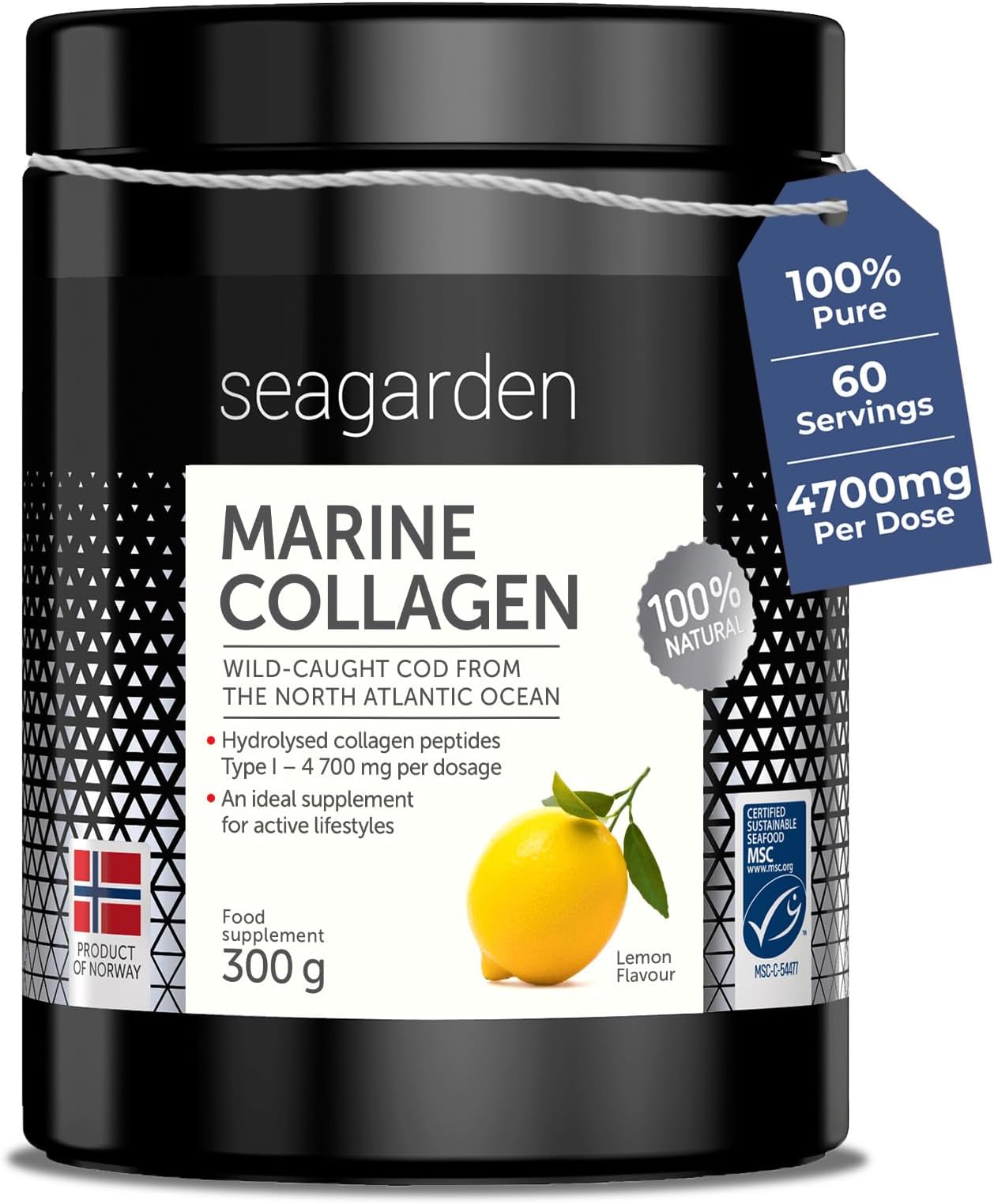 Pure Marine Collagen Powder - 4700mg - Hydrolyzed Collagen Peptides Type 1, Supplements for Women and Men, for Hair, Skin and Nails, Lemon Flavour, 300g, 60 Servings