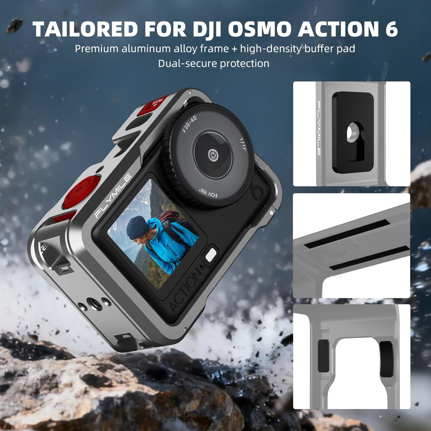 Action 6 Camera Cage for DJI Osmo Action 6, Protective Case Metal Frame with Silicone Lens Cap, Cold Shoe & 1/4" Threads Adapter, Aluminum Alloy Quick Release Mount Accessories