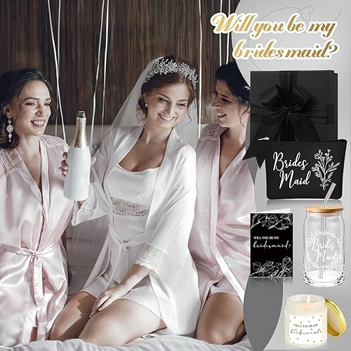 Miniatura 7 de Inbagi Caja de regalo para dama de honor, juego de 5 unidades, incluye taza de vidrio con tapa y bolsa de maquillaje con pajita, vela perfumada de
