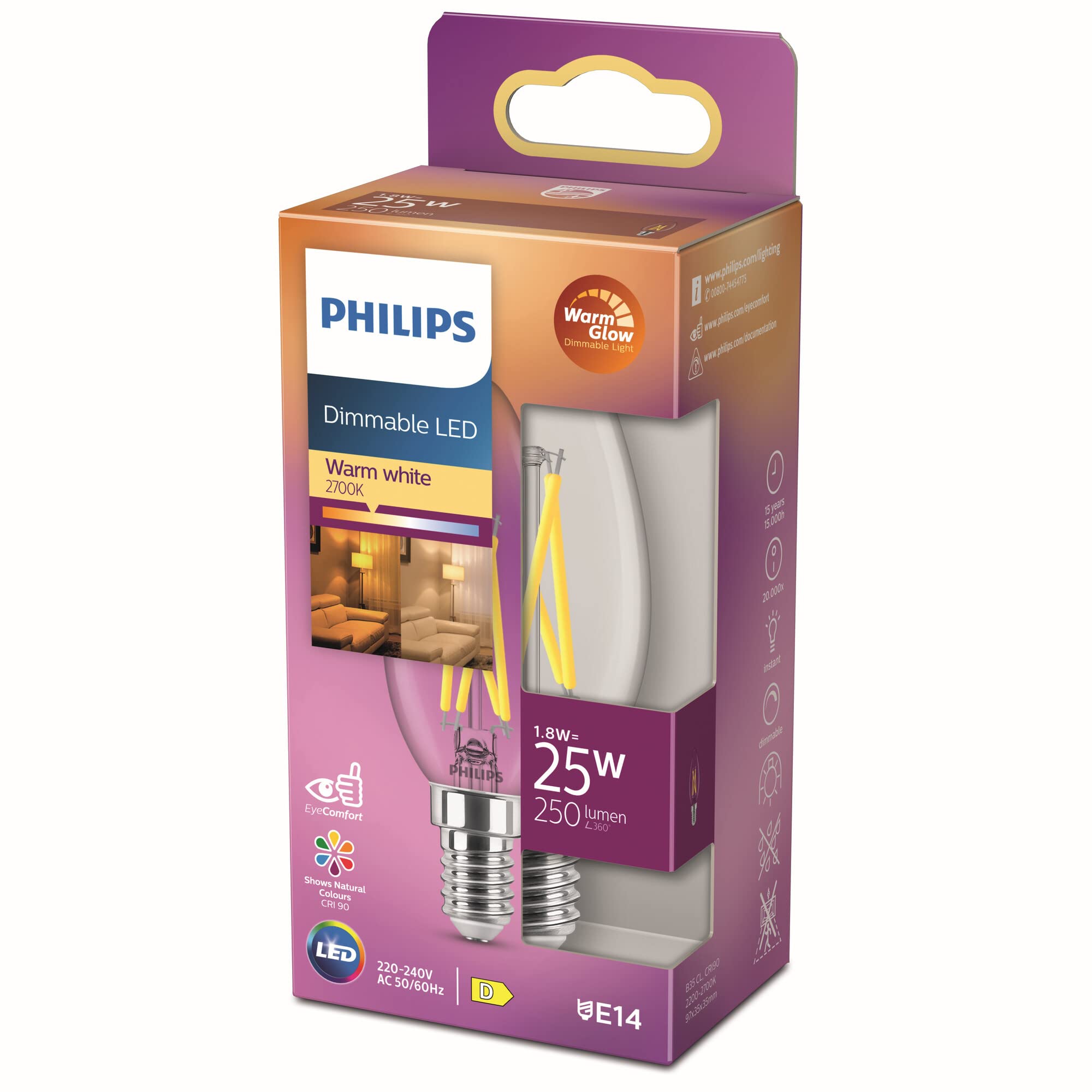 Philips Classic 2.7W 250Lm Clear Candle Warm White Led Dimmable Filament Light Bulb