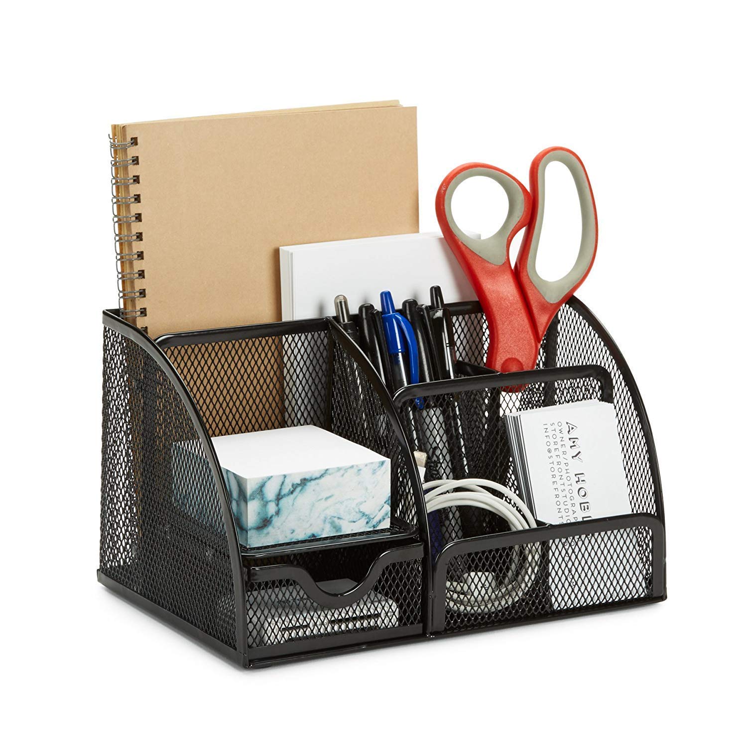 MOSHTU Wire Mesh 7 Compartment Metal Mesh Desk Organizer Pencil Pen Holder with Drawer | Desktop Organiser