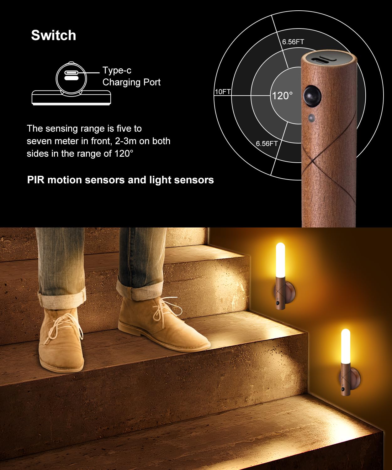 Doraimuni 2-Pack Rechargeable Wooden Wireless Wall Lights with Magnetic Mount, Removable USB Stick for Bedroom Hallway - Image 3