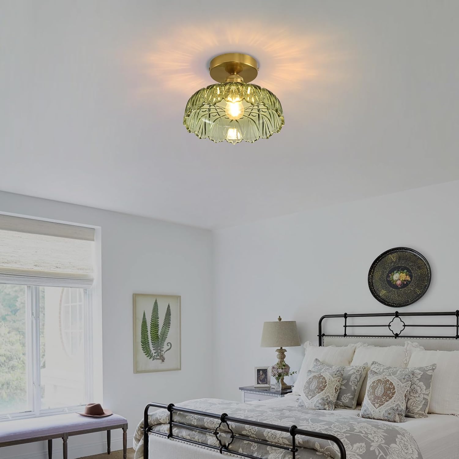 Semi Flush Mount Ceiling Light Mid Century Modern Floral Green Glass Shade, Close to Ceiling Lighting Fixtures for Bedroom, Bathroom, Kitchen, Closet Laundry Room, Foyer and Hallway 9.45 in