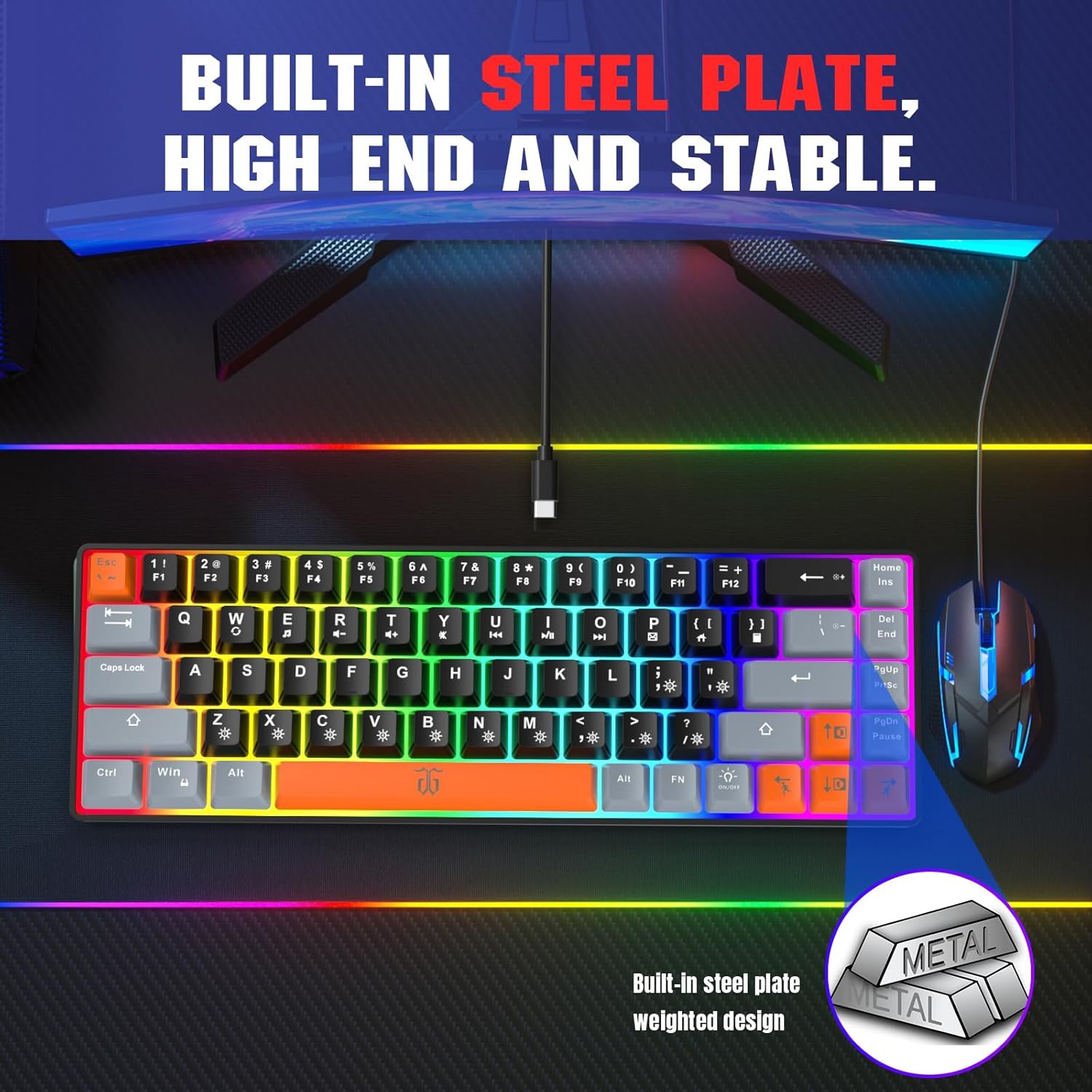 Snpurdiri 60% Percent Gaming Keyboard, Compact RGB Backlit Small Gaming Keyboard for Windows, PC, Laptop (68 Keys, Black-Grey-Orange)