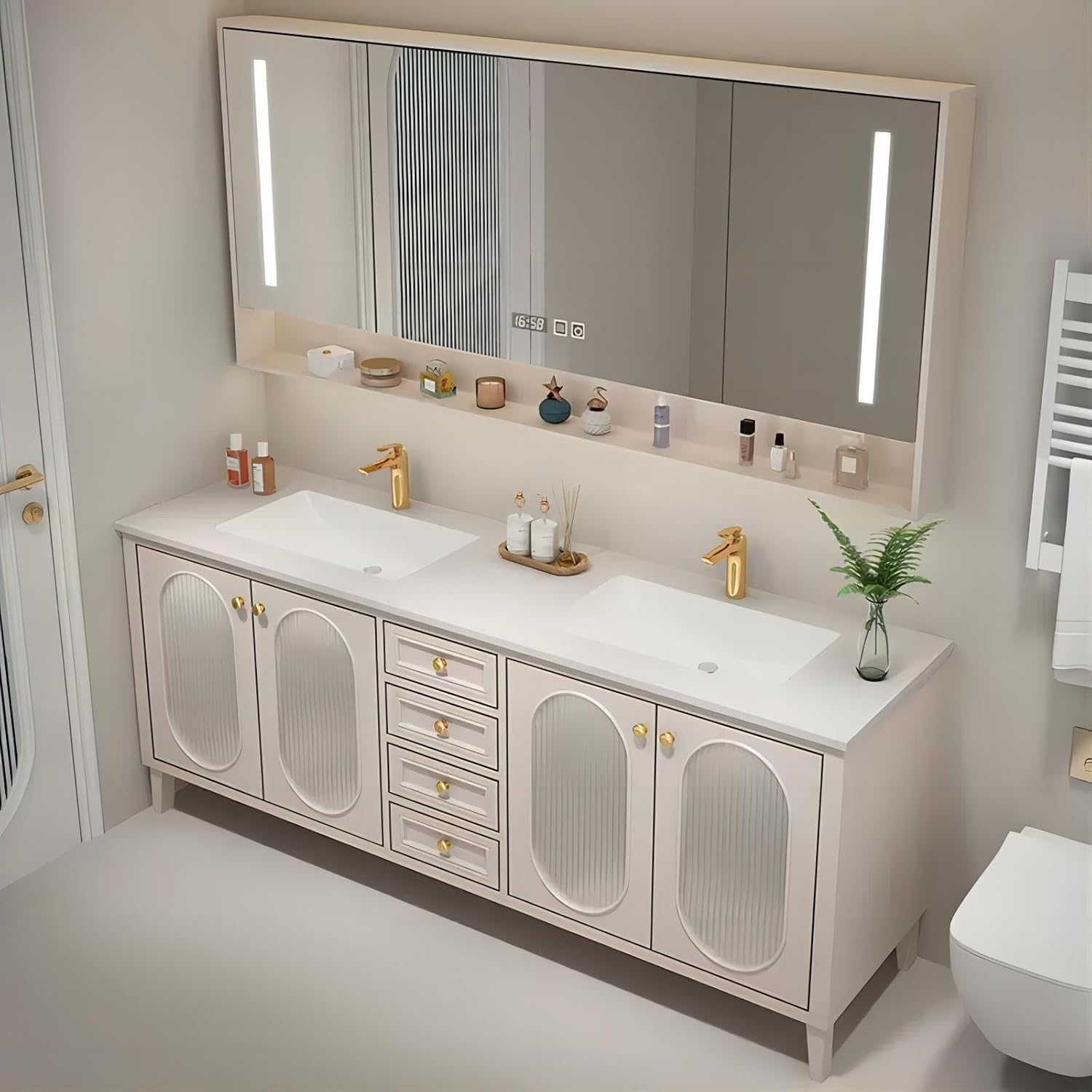 55IN Double Sink Vanity 4 Drawers 4 Doors Floor Standing Bathroom Vanity with Smart Touch Mirror Cabinet (63IN)