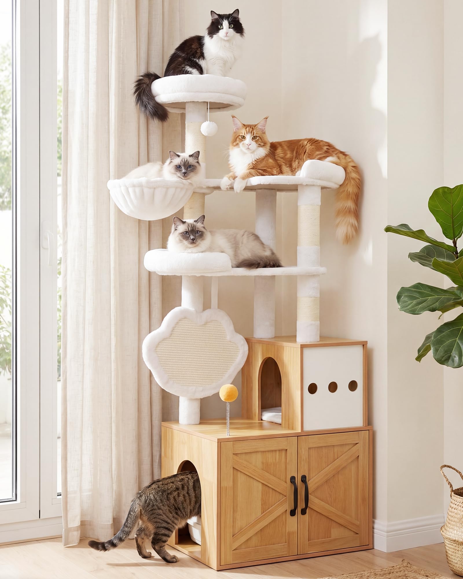 Heybly Arbre à Chat Litière Intégrée 162cm Bois Massif Moderne HCT105WB | Litière Cachée Facile À Nettoyer, Parcours Multi-Niveaux, Griffoirs En Sisal, Couchage Et Jeux Intégrés, Coloris Noyer