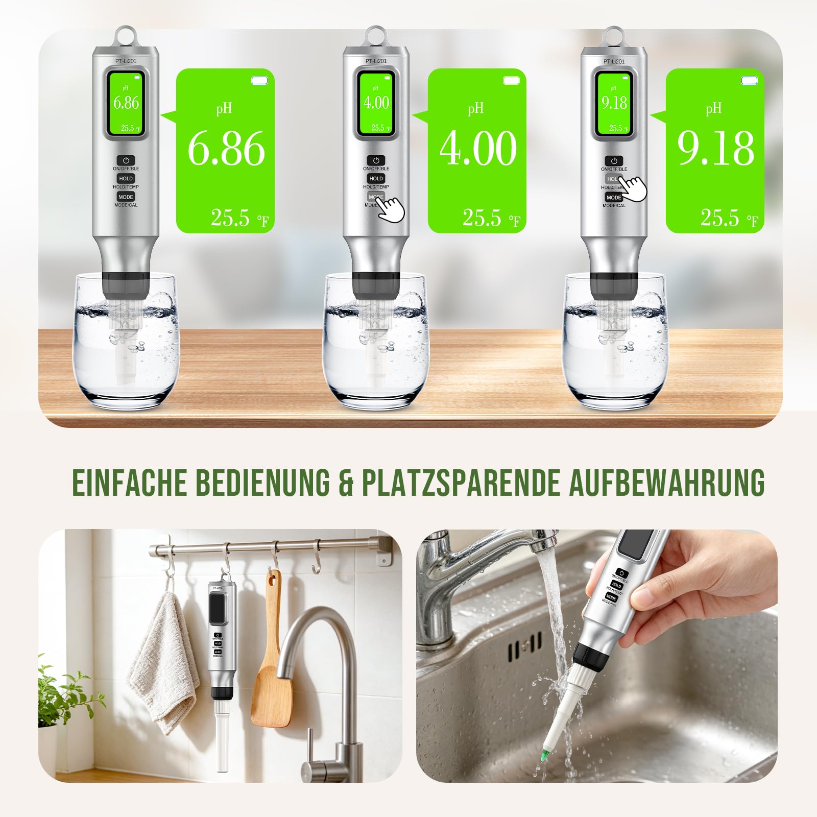 Intelligentes pH Messgerät mit App, Digitales pH Tester für Lebensmittel und Wasser mit Kalibrierpulver, pH Meter mit ATC für Sauerteig, Käse, Brot, Fleisch und fermentierte Getränke & Lebensmittel