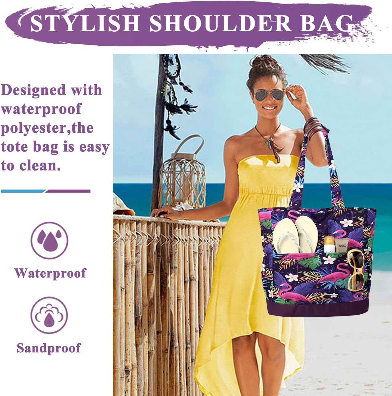 VASCHY Beach Bag for Women, Large Waterproof Sandproof Fold-able Packable Pool Tote Bag w Zipper/Pockets - Image 6