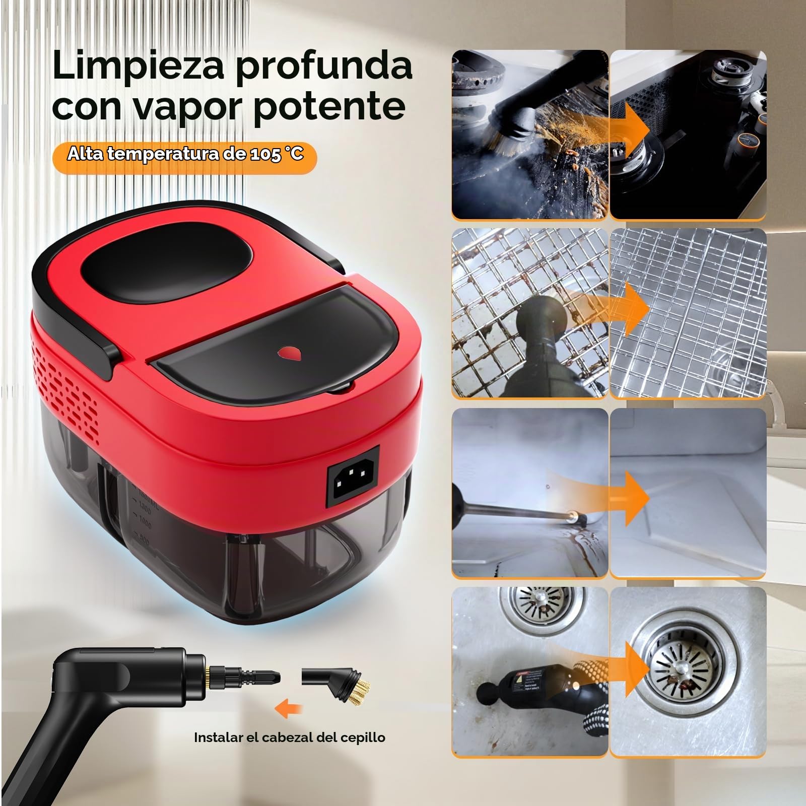 Limpiador a Vapor, Mango Ajustable en 3 Niveles, Depósito de Agua de 1,6L | Calentamiento en 15s, Steam Cleaner con 15 Accesorios, Vaporeta Limpieza Hogar para Ventanas, Cocina, Suelos, Auto, Bañ