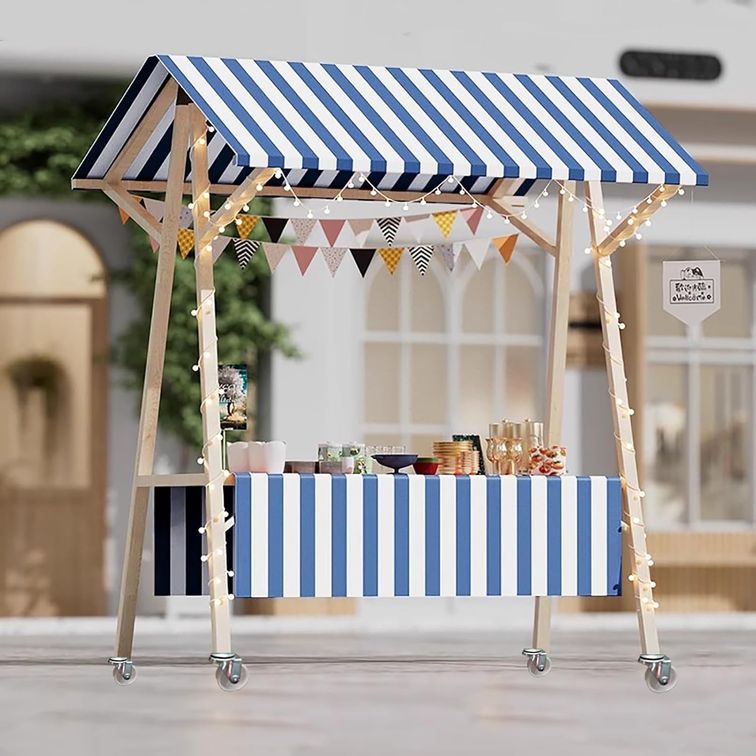 Mobile Food Cart with Canopy - Foldable Ice Cream & Hot Dog Pushcart for Events, 47.2" Wide Vending Stall for Fruit/Flower Display, Portable Wooden Vendor Stand