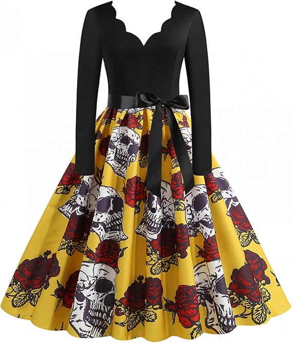 Amazon Co Jp ハロウィンコス ワンピース 長袖 ドクロ柄 デザイン プリント レトロ ワンピース ハロウィン ドレス レディース Kiomigirl 膝丈 セクシー つづり合わせ チュニック 着痩せ 魔女 コスプレ イベント コスチューム 秋冬 人気 仮装 ホビー