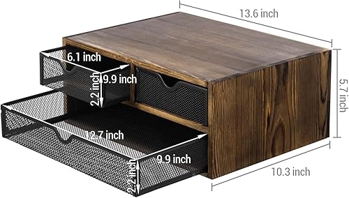 Miniatura 3 de MyGift Caja organizadora de escritorio rústica de madera maciza marrón quemada con 3 bandejas extraíbles de malla de metal negro, cajones de