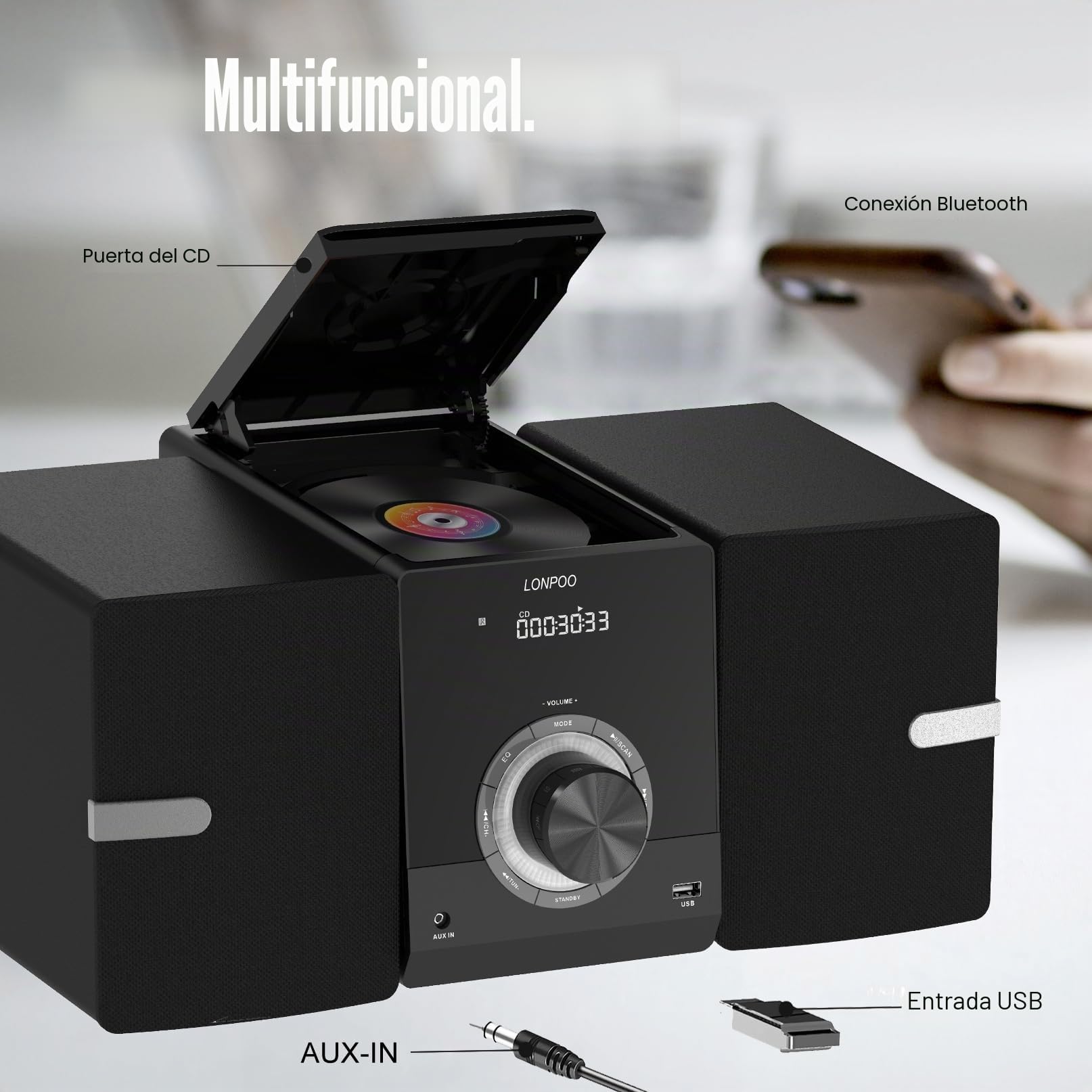 Sistema estéreo para casa Micro HiFi Compacto con Reproductor de CD, Bluetooth, Radio FM, USB, AUX-in, Pantalla LED y botón Grande, Mando a Distancia