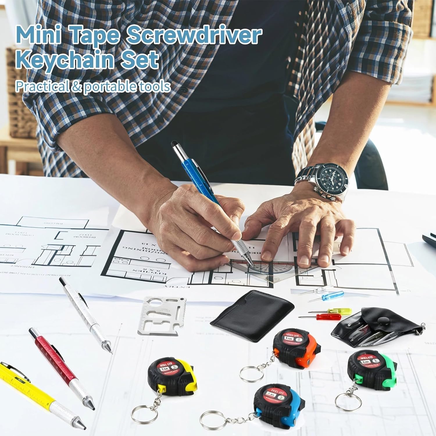 32 Pcs Keychain Set With Screwdrivers, Ruler Pens, Mini Tapes, Credit Card Tools, Ideal Party Favors For Men