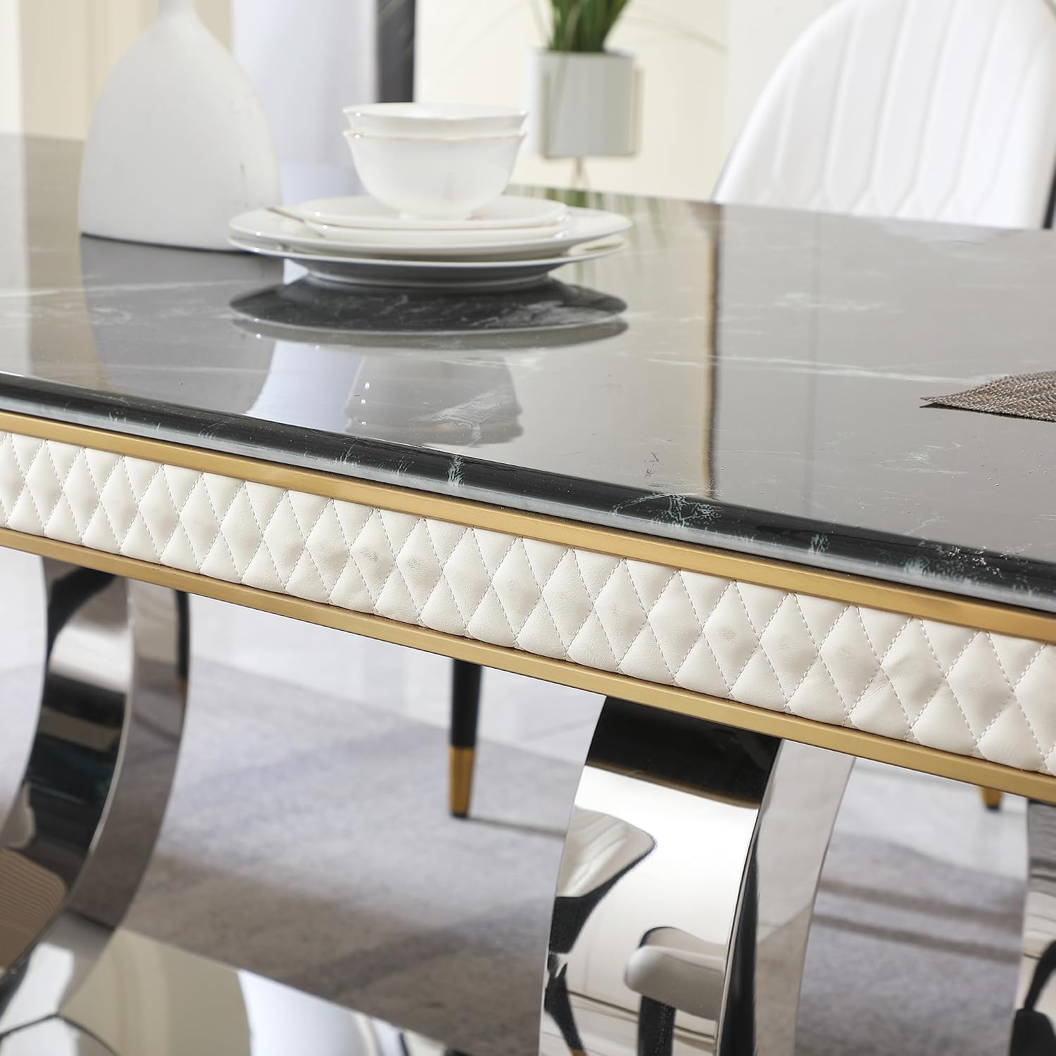 Montary 9 Piece Dining Table Set, Contemporary Modern Dining Table Set of 8, Includes 79" Rectangular Marble Dining Table, 8 Black and White Dining Chairs for Home, Kitchen, Dining Room