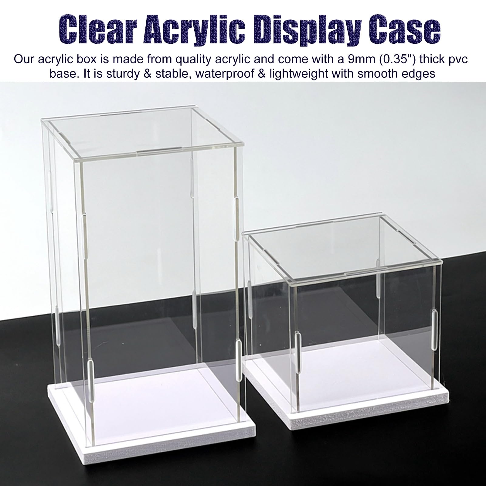 Vitrina Acrílica Para Figuras Altas Y Estrechas – Caja Expositora De 15x15x35 Cm Con Base Negra