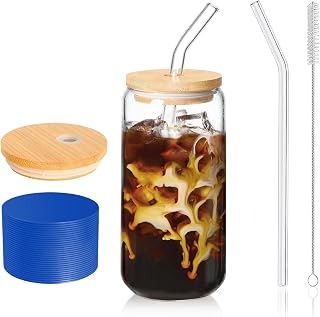 Glass Tumbler with Lid and Straw, 16 oz Reusable Iced Coffee Cup with Bamboo Lid, Navy Blue Silicone Sleeve and Cleaning Brush, for Cold Brew and Iced Drinks, Navy Blue