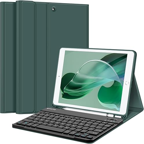 FINTIE Funda de teclado para iPad de 9  8  7 generación (202120202019) de 10.2 pulgadas, cubierta trasera de TPU suave con soporte para lápices,