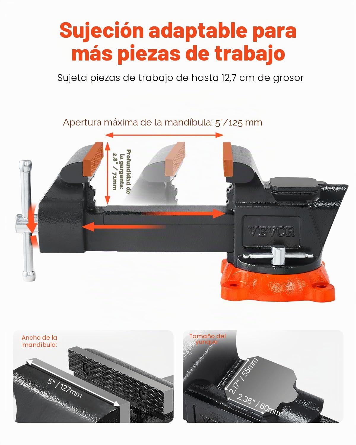 VEVOR Tornillo de Banco con Base de Bloqueo Giratoria de 360° Ancho de Mordaza de 127 mm, Apertura Máxima de 127 mm, Garganta de 71 mm, Tornillo de Banco con Yunque para Sujetar Tubos Redondos