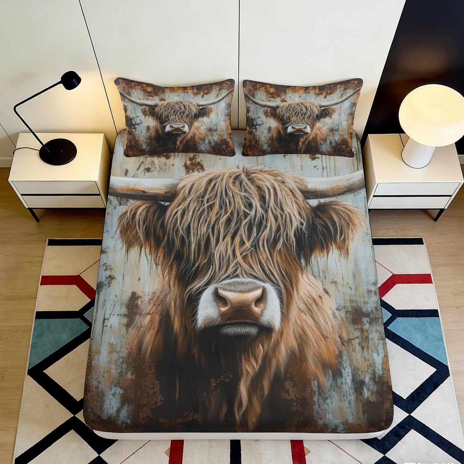 3D Printed Highland Cow Fitted Sheet Microfiber Soft Durable Rustic Bull Bed Cover for Bedroom Dormitory Guest Room Mattress Protection 140x200x25cm