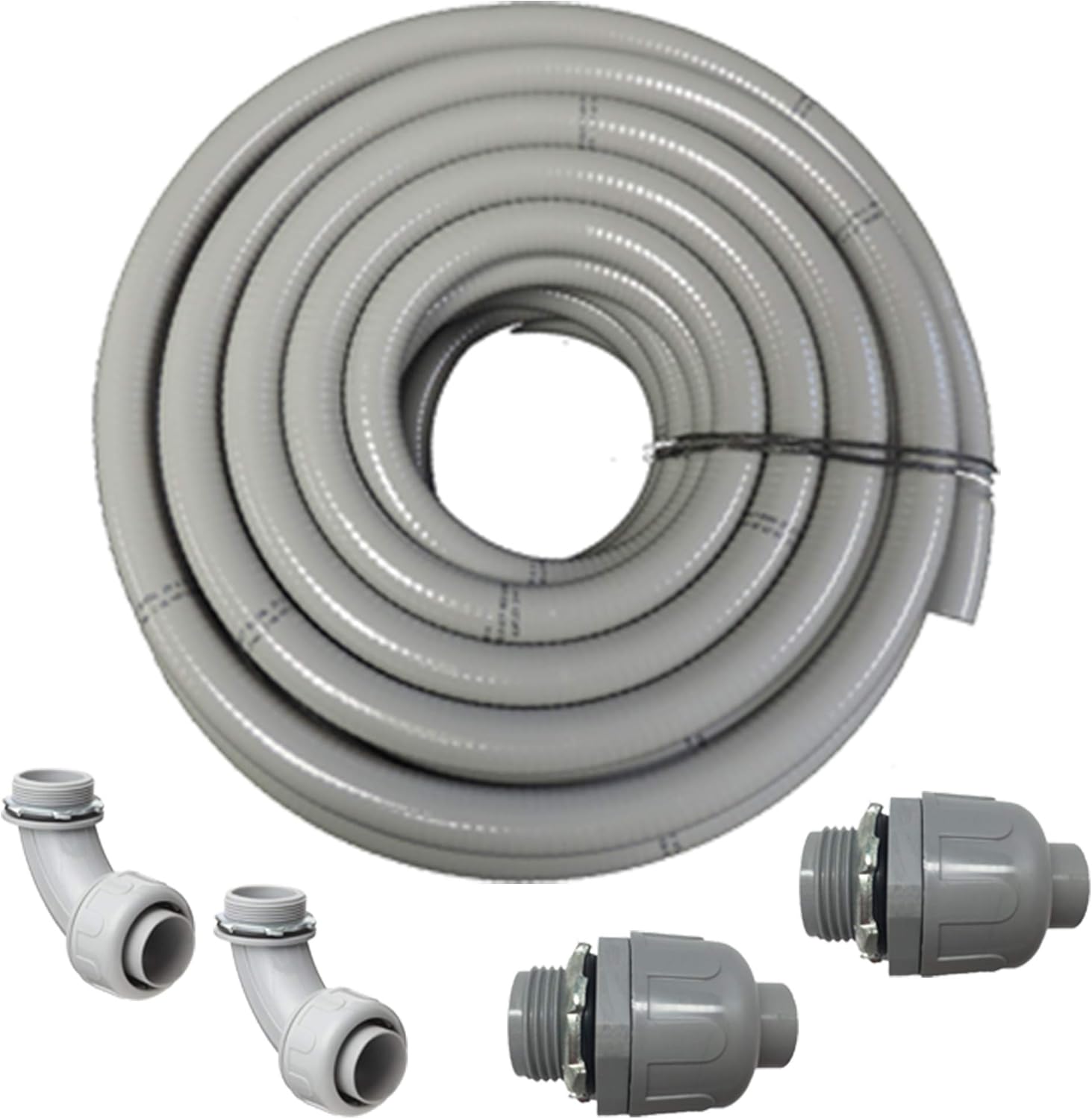 (1 1/2" dia x 25 ft) HydroMaxx® Flexible PVC Non Metallic UL Liquid Tight Electrical Conduit Kit with 2 Straight and 2 Angle Fittings Included