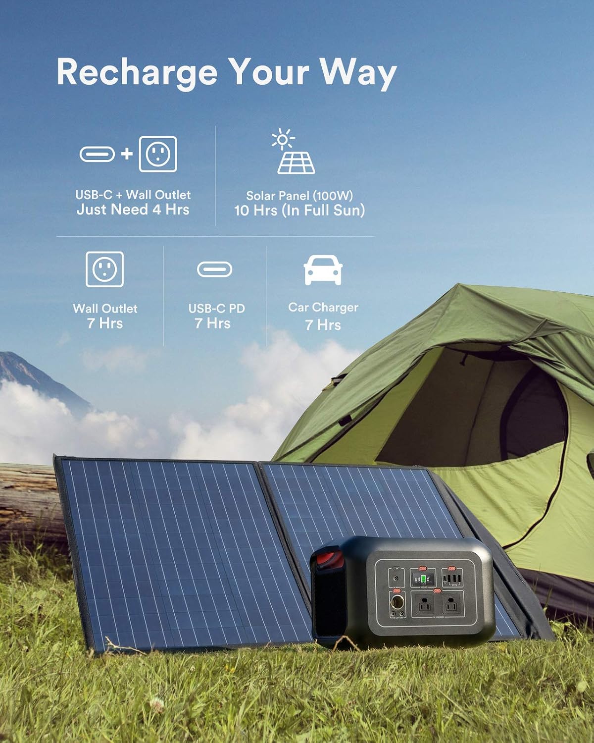 Portable Power Station 622Wh, 600W Solar Power Generator with PD 100W Quick Charge and 2 110V Pure Sine Wave AC Outlets, Backup Lithium Battery for Outdoor Use Camping RV Emergency Travel (Black)