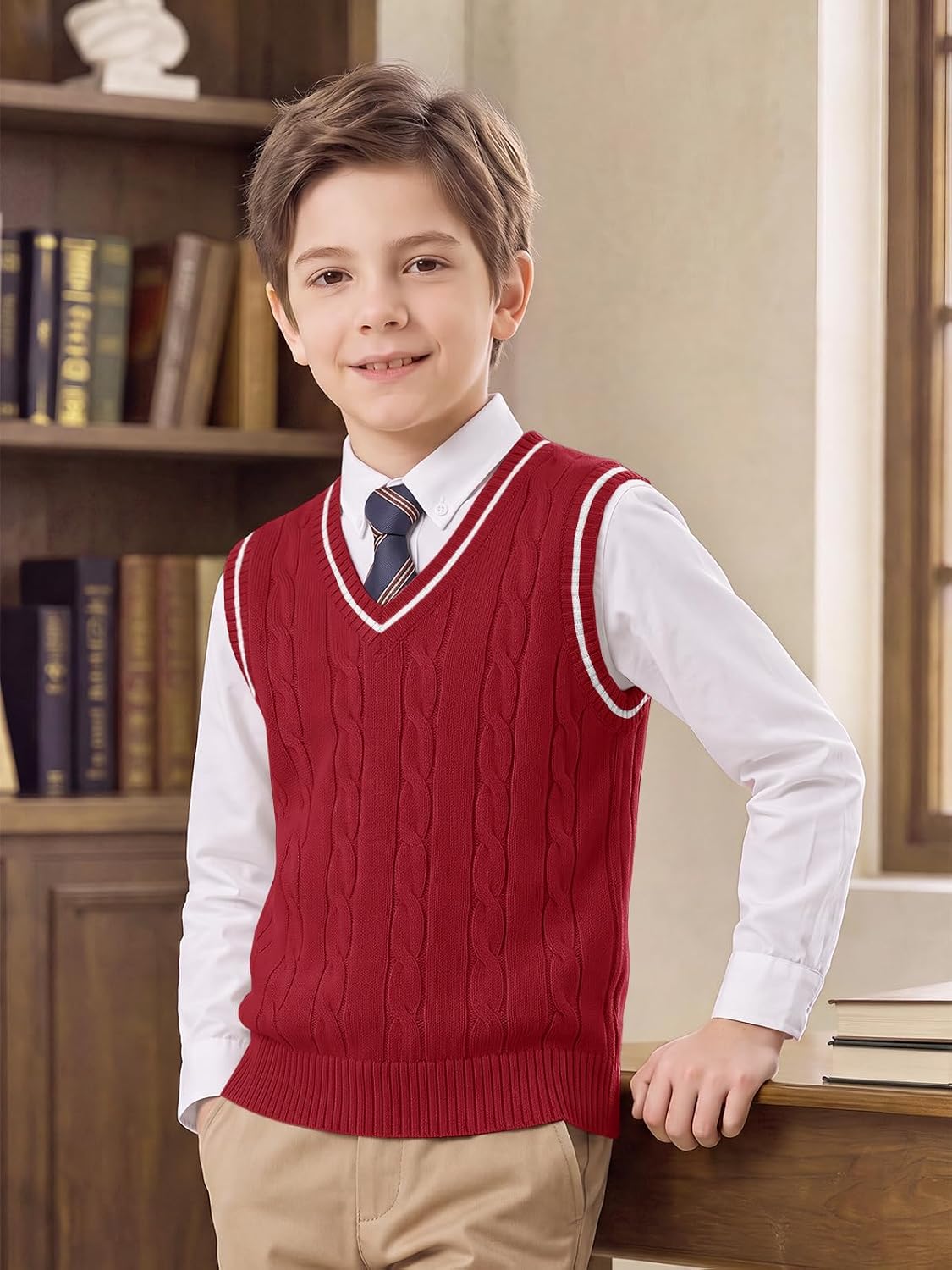 Haloumoning Boys Sweater Vest Cable Knit V Neck School Uniform Rib Tops image 4