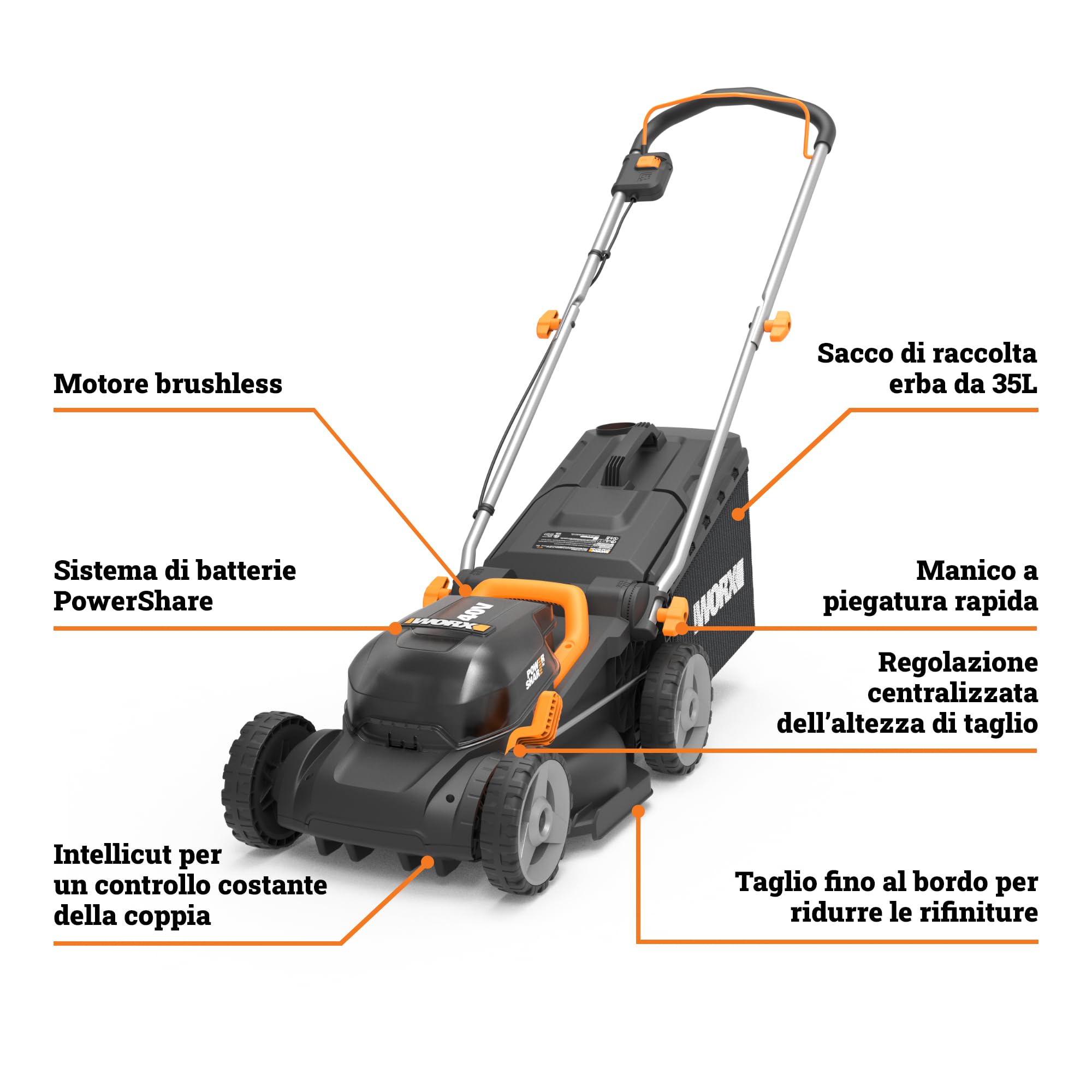 WORX WG735E Rasaerba a batteria 40 V, taglio 34 cm, motore brushless, altezza regolabile su 6 livelli da 20 a 75 mm, sacco 35 L, Cut-to-Edge, 2 batterie da 4 Ah e caricabatterie doppio inclusi