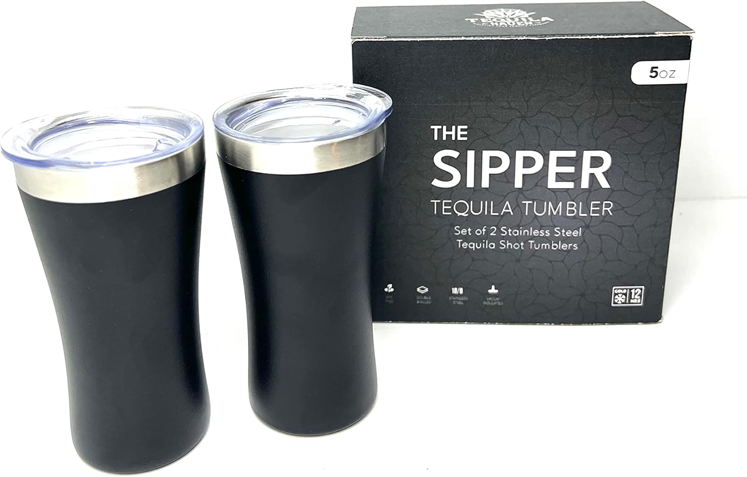The Sipper™ The Original Tequila tumbler. 5 oz Insulated Stainless Steel Keeps Your Spirits at the Perfect Temperature. Sleek design Shot Glass, Tequila Gift. Set of 2 Black