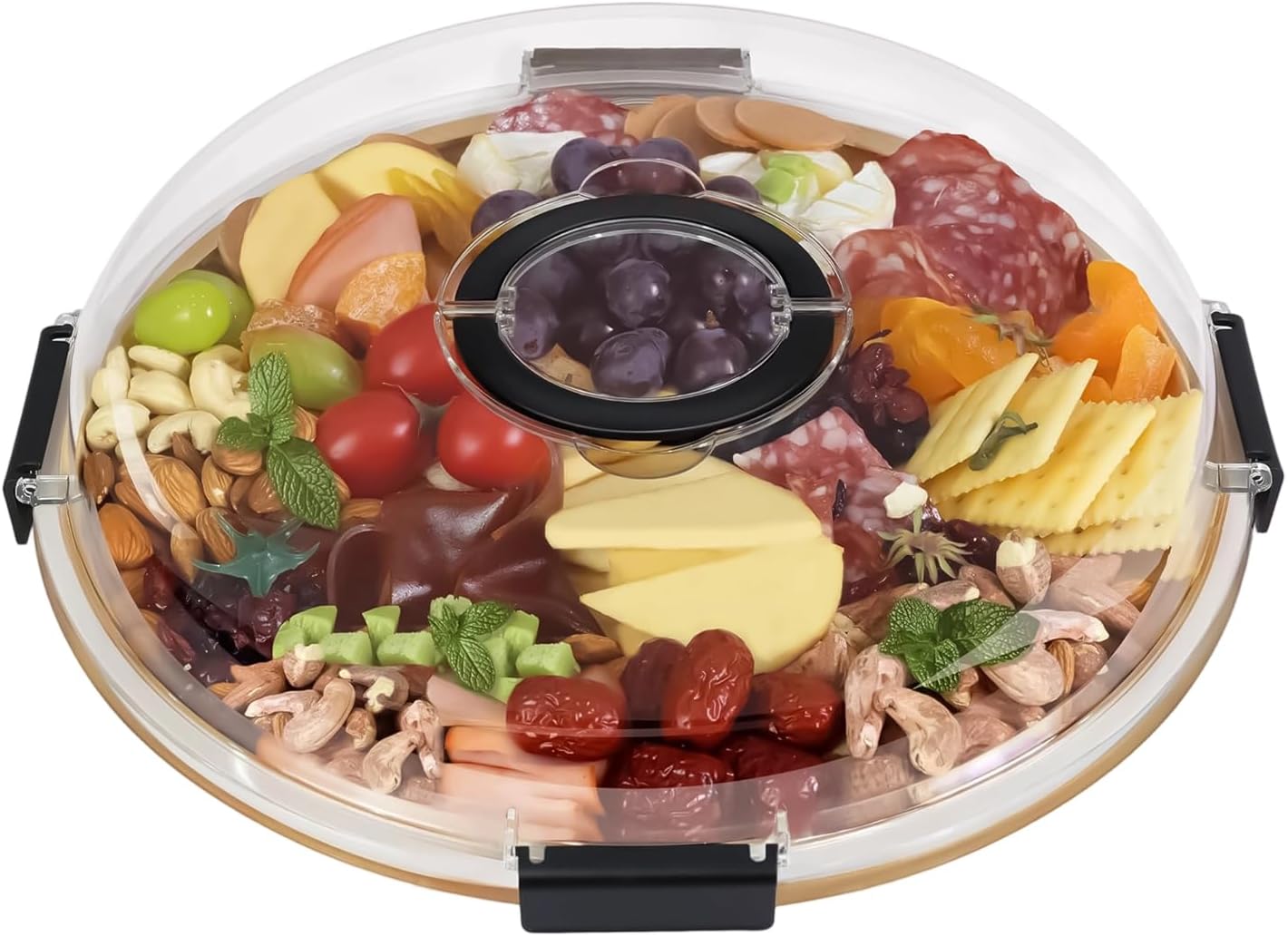 Board Platter – Round Cheese Tray With Transparent Lid, 5 Compartments And Handle | Snack Serving Board For Travel, Picnics, Meat, Fruit, And Party Sharing