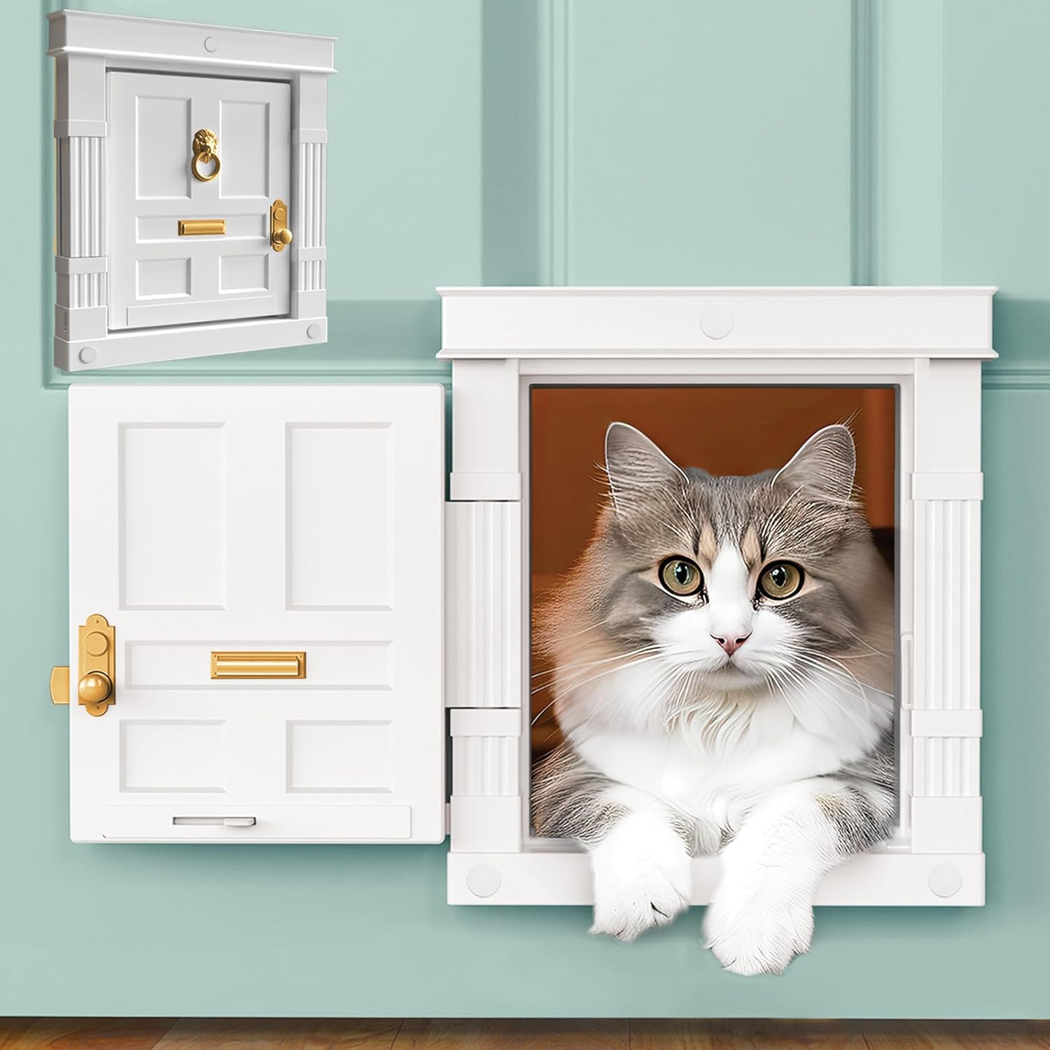 Beacon Hill Interior Cat Door White with Gold Accents - Durable Indoor Cat Door for Tall Cats or Dogs, No Flaps, Easy DIY Pet Door, Spacious Large Kitty Door for Cats Up to 25 lbs, by Purrfect Portal