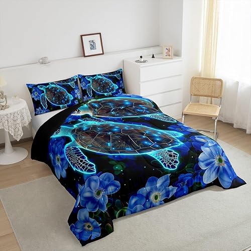 Miniatura 4 de Edredón de plumón de tortuga marina y verde azulado brillante, juego de ropa de cama tamaño Queen para niños y niños, juego de edredón de reptiles
