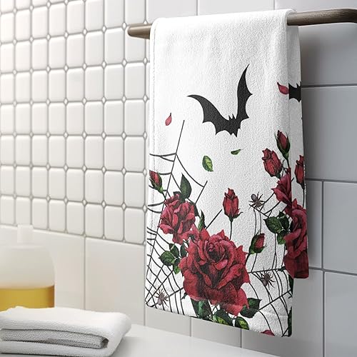 Miniatura 5 de Toallas de mano de Halloween con diseño de rosas de murciélago gótico, toallas de cocina con telaraña, telaraña, toallas de mano decorativas