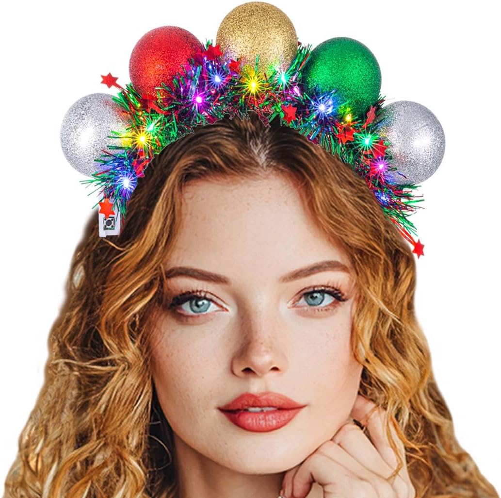 Light Up Christmas Headband Colorful Ball Tinsel Hairbands Glowing Xmas Headpieces Holiday Party Hair Accessories for Women - Image 2