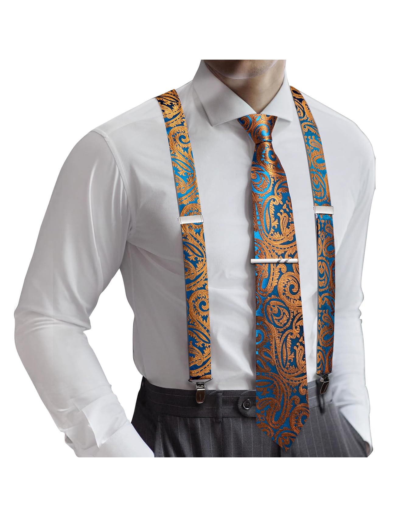 Barry.Wang Men Suspender Set with Necktie Elastic Y Type Heavy Duty 6 Clips Braces Tie Handkerchief Cufflink Pin 6PCS