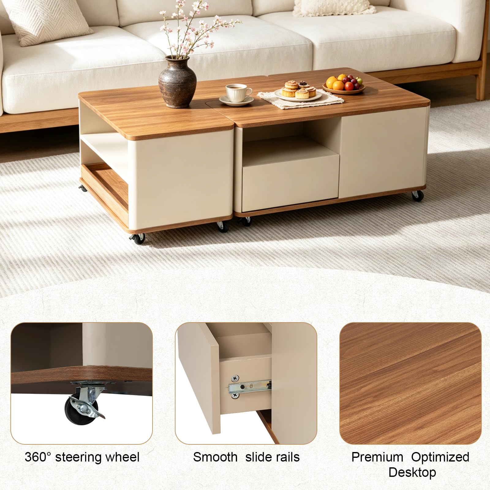 Couchtisch Quadratischer mit Stauraum, Wohnzimmertisch Holz mit Rollen, Coffee Table Modulares Design für Wohnzimmer Büro Schlafzimmer