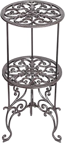 Sungmor Soporte para macetas de hierro fundido resistente, estante de metal de 2 niveles de 26 pulgadas, soporte decorativo para macetas, estilo