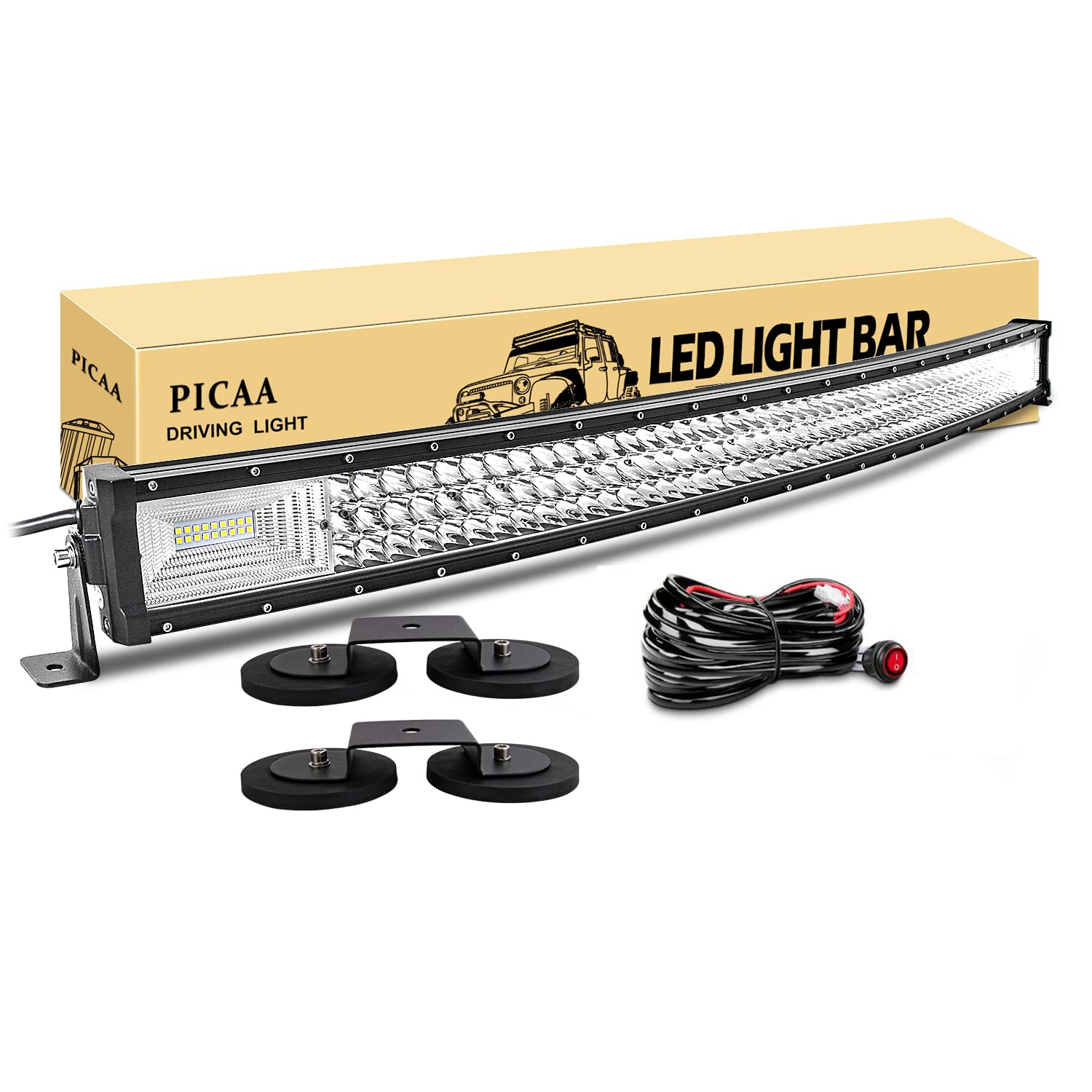 PICAA Barra Led Fuoristrada, 42 pollici 104cm Curva Barra Luce a Led Tripla Fila 540W Spot Flood Led Luci di Lavoro Con Magnetico Supporto (B）per FUORI STRADA Moto 4WD SUV ATV UTV Camion 12V
