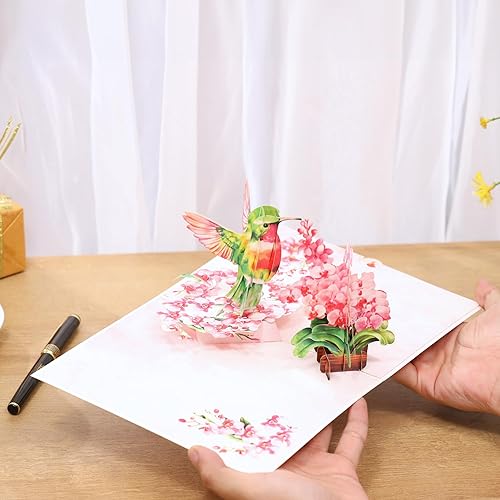 Miniatura 4 de Tarjetas de cumpleaños desplegables con diseño de flor de orquídea de colibrí, tarjeta 3D del día de la madre para mujeres, mamá, esposa, hija,