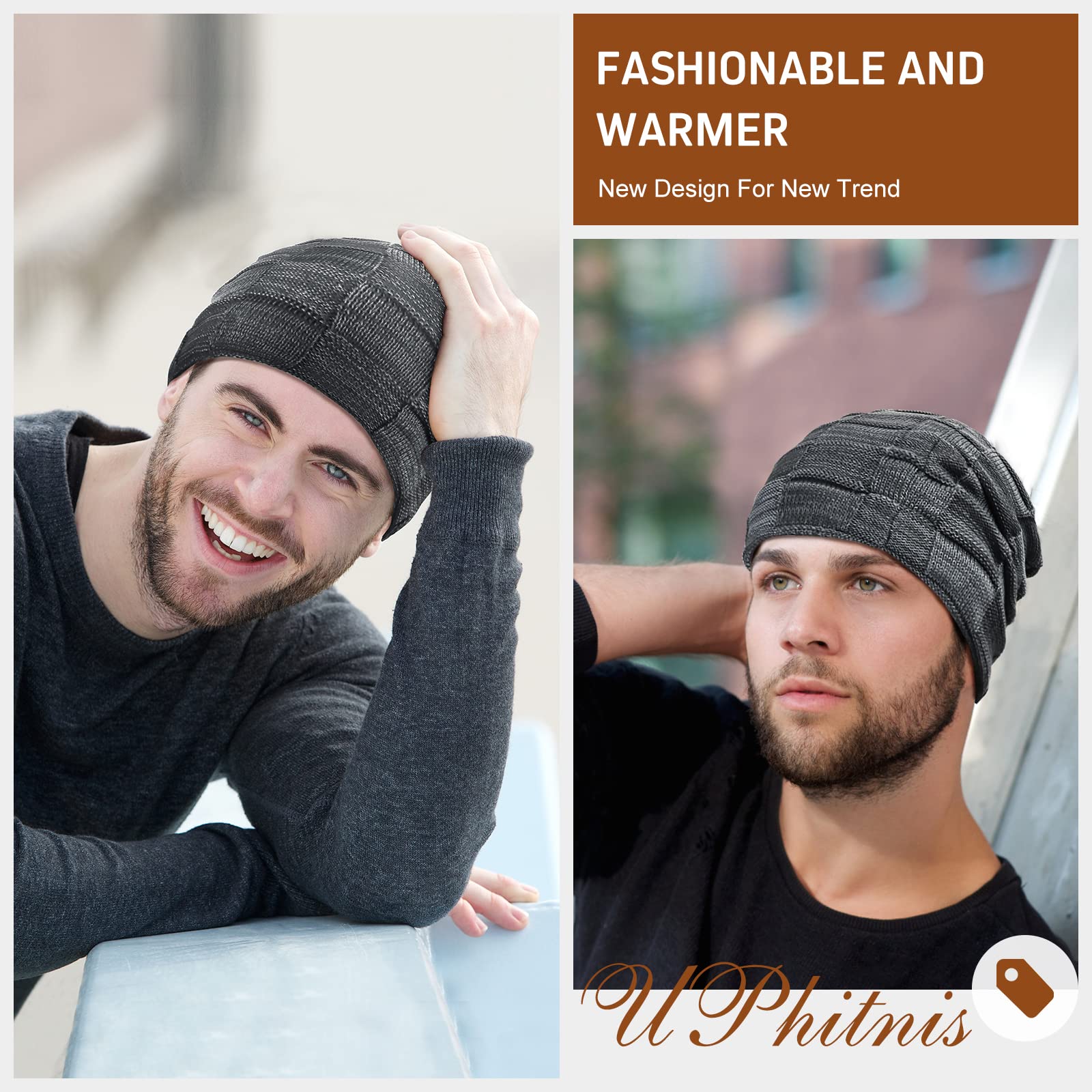 UPhitnis Berretto Uomo Caldo in Maglia Cappello Invernale Uomo Foderato Berretto Invernale Beanie Modello Intessuto con Soffice Fodera Interna in Pile