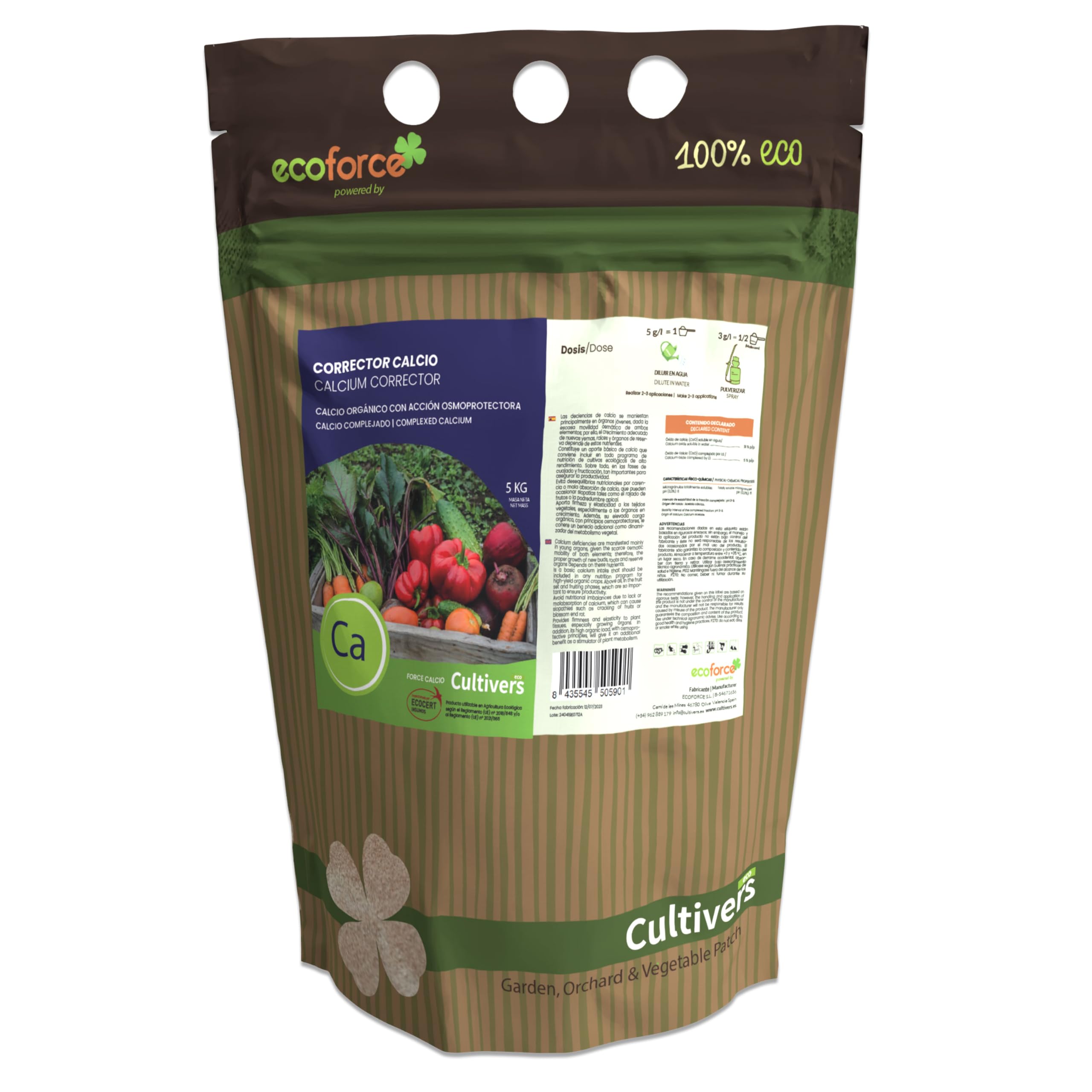 CULTIVERS Abono de calcio ecológico 5 kg | Fertilizante soluble para cultivos hortícolas, frutales y árboles | Aporte de calcio para suelo y aplicación foliar