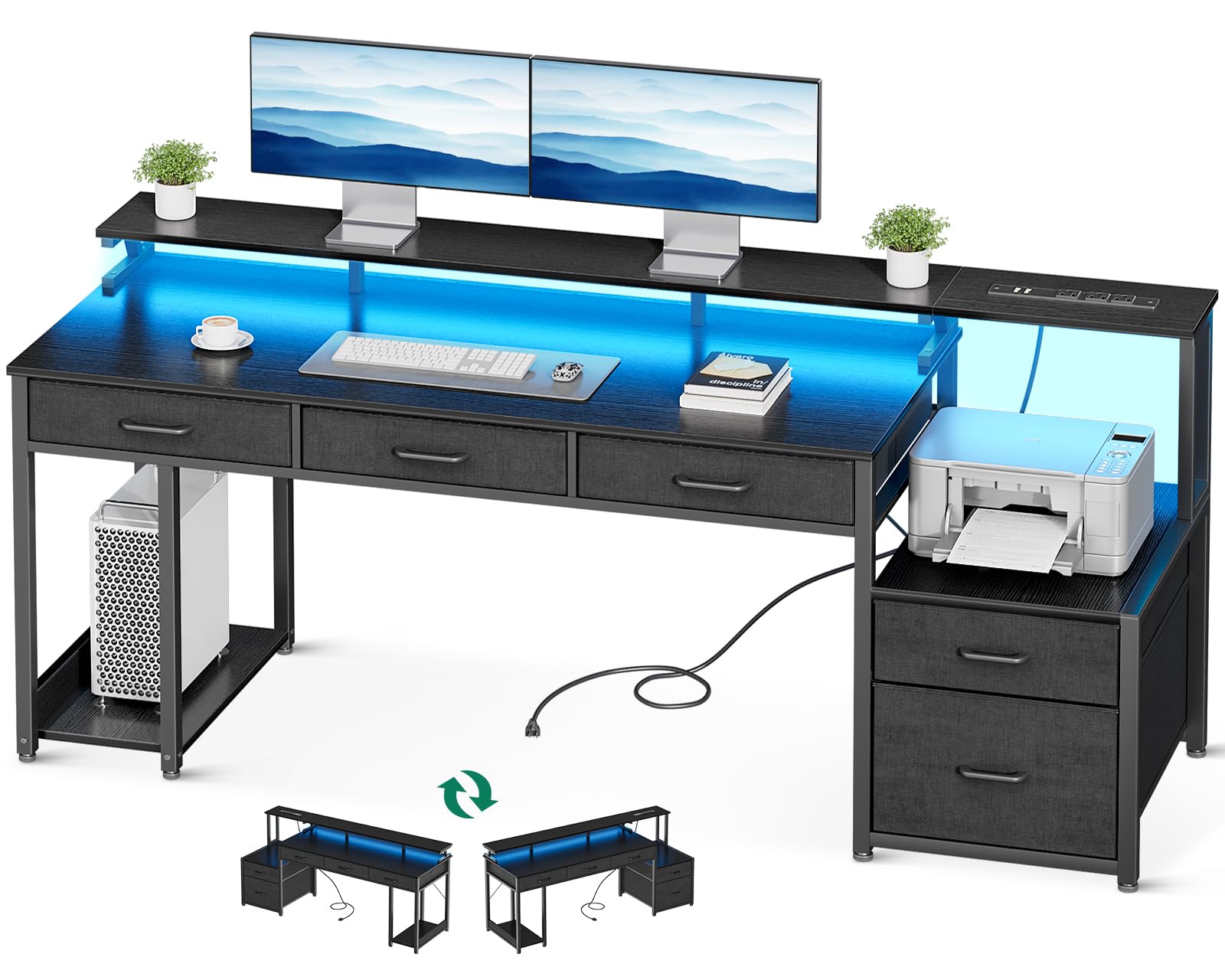 AODK Office Desk with File Drawer, 71 Inch Reversible Computer Desk with 4 Drawers & Power Outlet, LED Strip, Home Office Desk with Monitor Shelf & CPU Stand, Gaming Desk, Black