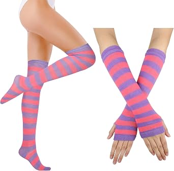 Benefeet Sox Womens Rainbow Striped Knee High Thigh High Socks Arm Warmers Set Fingerless Gloves Halloween Costume