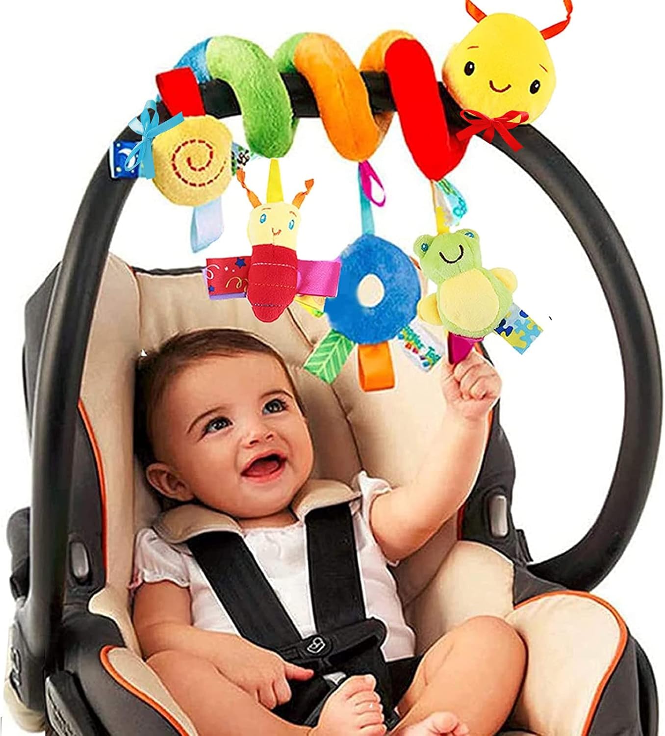 Baby Crib Hanging Rattles Toys - Infant Baby Worm Crib Bed Around Rattle Bell Cartoon Insect Spiral Hanging Toy with Ringing Bell for Infants Bed Stroller Car Seat Bar for Babies Boys