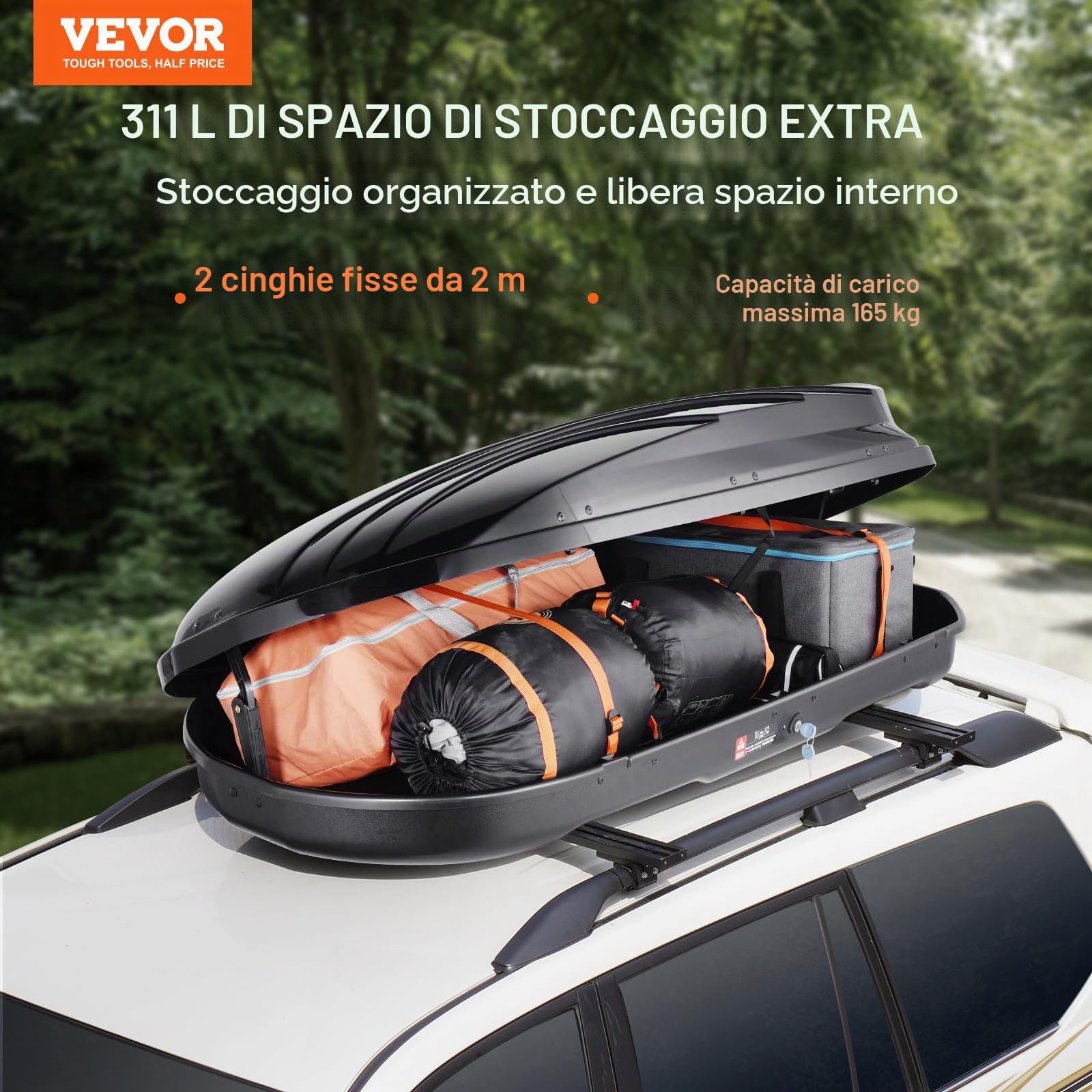 VEVOR Portapacchi da Tetto per Auto 340 Litri, Box Tetto a Guscio Rigido ABS, con Apertura su Entrambi i Lati e 2 Cinghie Rinforzate, Aerodinamico, Scatola Portapacchi Barre Trasversali per Auto SUV