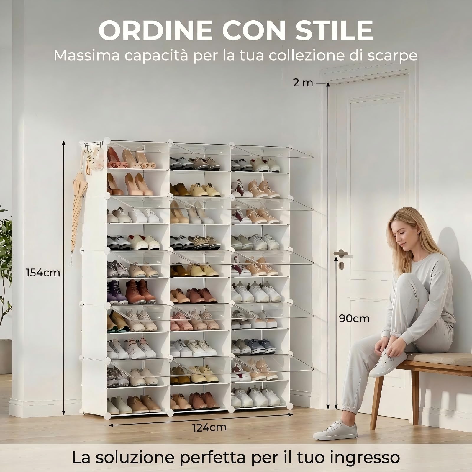 Scarpiera salvaspazio a 30 scomparti con porta, scarpiera modulare in plastica chiusa bianca, mobile per scarpe ingresso fai da te per corridoio camera da letto