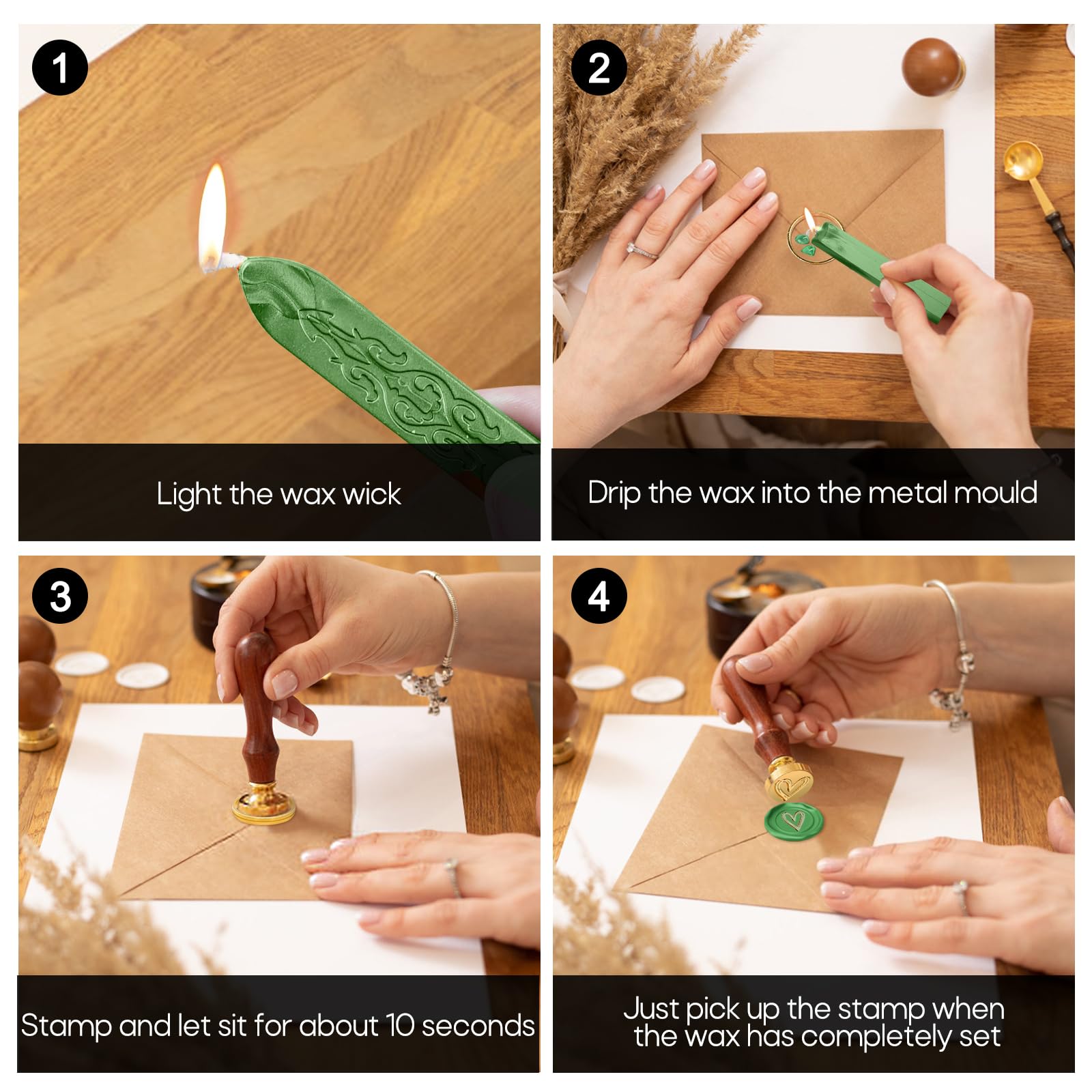 Furuising 8Pcs Wax Seal Stamp Kit, Green Sealing Wax Sticks with Wicks Kit with Heart Stamp - Image 3